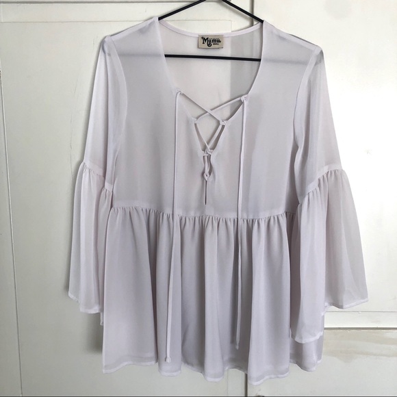 Show Me Your Mumu Babydoll Blouse Small Tie Top White Boho Peasant Romantic Poet - Picture 11 of 12